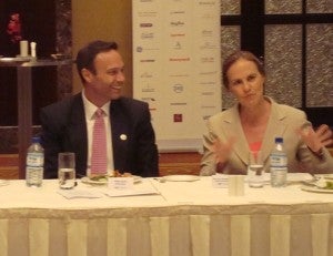 The Honorable Michele Flournoy, former U.S. Underscretary of Defense (right) and Matt Byrd, Chairman of AmCham Abu Dhabi address a senior defense, security, and IT audience in Abu Dhabi